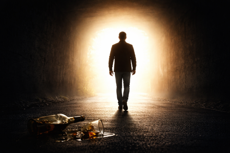 दारूच्या व्यसनातून बाहेर पडण्याचा प्रवास दर्शवणारी प्रतिमा – अंधारातून प्रकाशाकडे जाणारा माणूस.