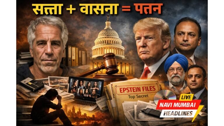 “Epstein Files प्रकरण दर्शवणारी प्रतिमा – सत्ता, वासना आणि पतन या संकल्पनेवर आधारित जागतिक राजकीय घोटाळ्याचे प्रतीकात्मक चित्र”