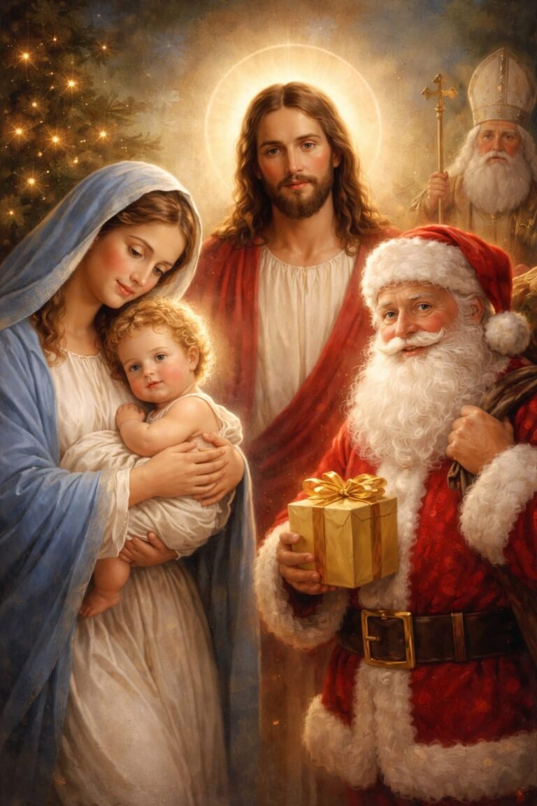 Mother Mary with infant Jesus Christ and Santa Claus representing Christmas faith and tradition