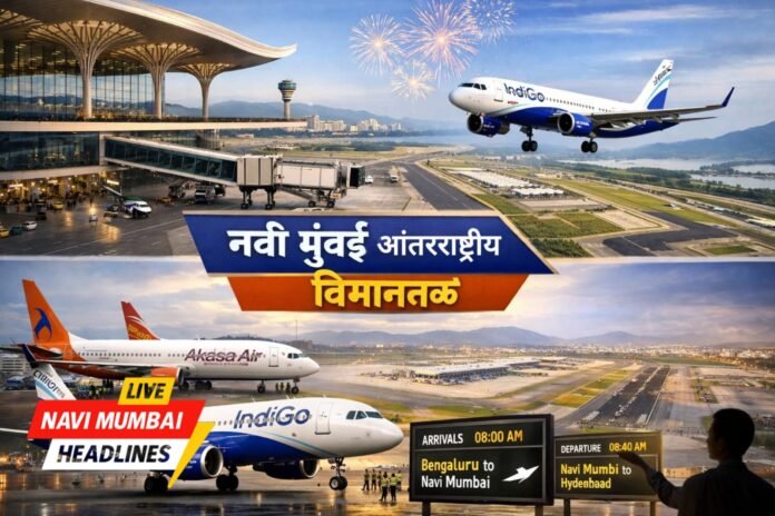 नवी मुंबई आंतरराष्ट्रीय विमानतळावर २५ डिसेंबर रोजी पहिले व्यावसायिक विमान उतरताना – इंडिगो एअरलाईन