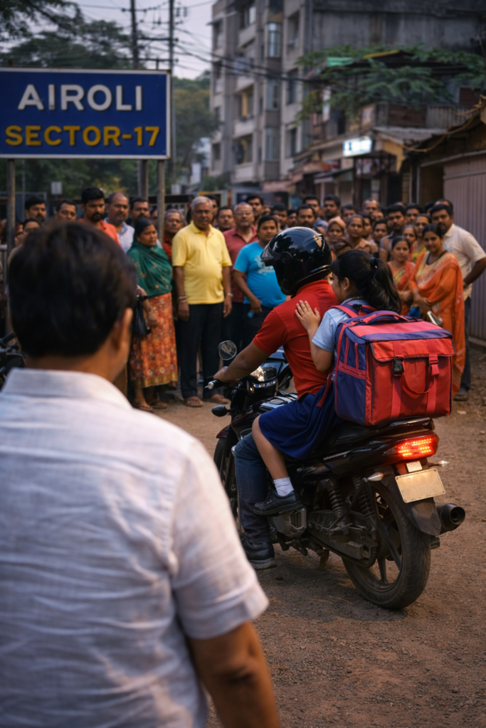 ऐरोली सेक्टर 17 मध्ये डिलिव्हरी बॉय मुलीला सुरक्षित घरी आणताना; नागरिकांची गर्दी आणि आनंदाचे वातावरण