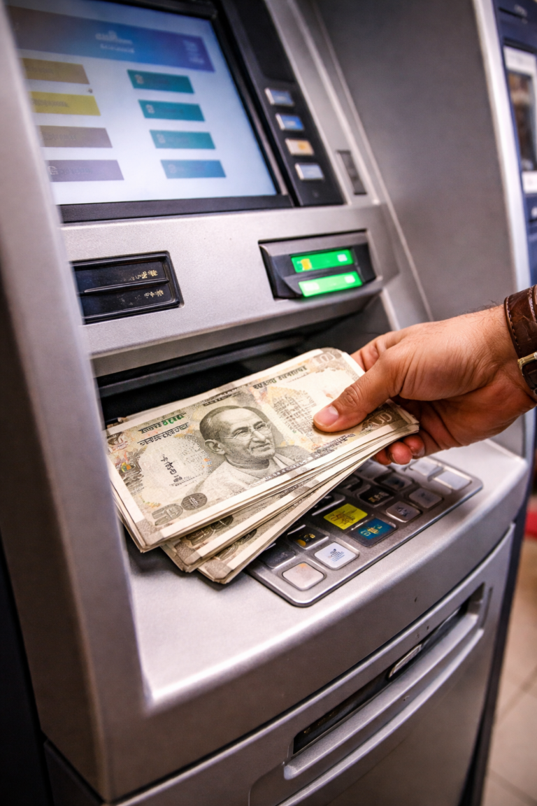 ATM मधून 500 रुपयांच्या नोटा काढताना नागरिक