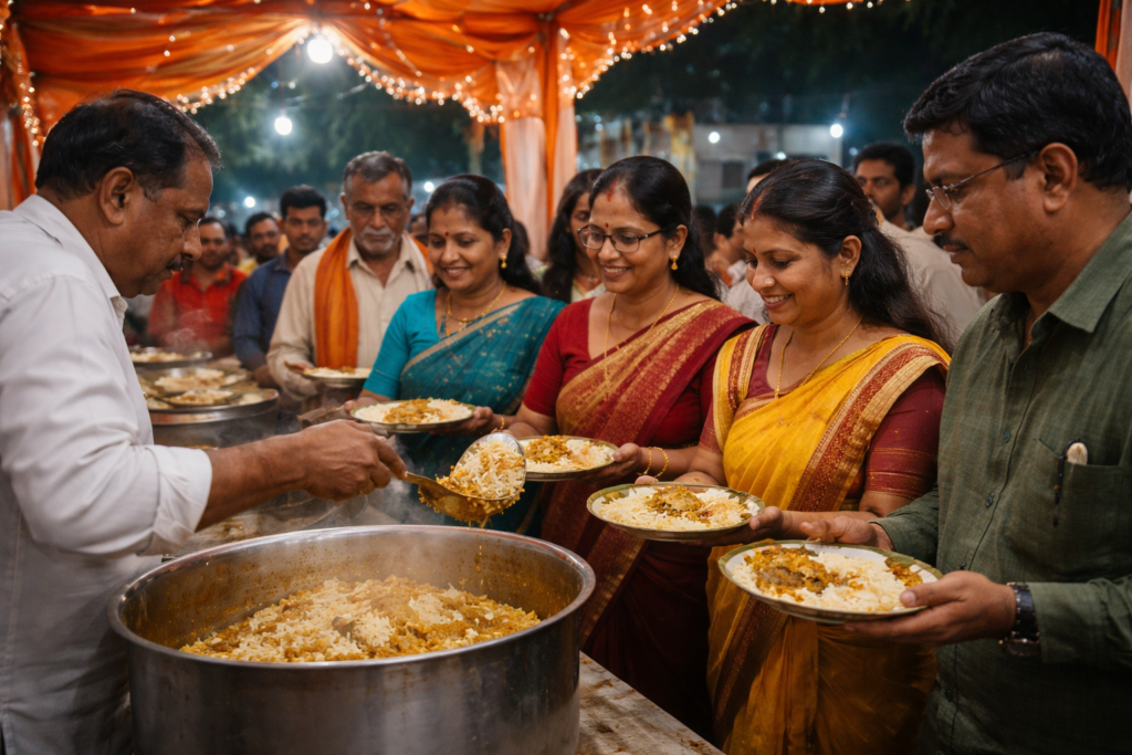 ऐरोली सेक्टर-17 येथे माघी गणेश जयंती उत्सवात भाविक महाप्रसाद घेताना