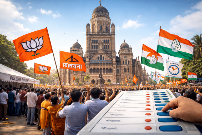 Mumbai BMC Election 2026 rally outside BMC building with party flags and voting scene