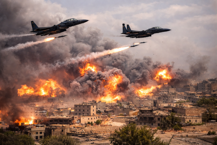 अमेरिकेच्या लढाऊ विमानांनी मध्यपूर्वेत हवाई हल्ला करत क्षेपणास्त्रे डागली, शहरात मोठे स्फोट आणि धुराचे लोट