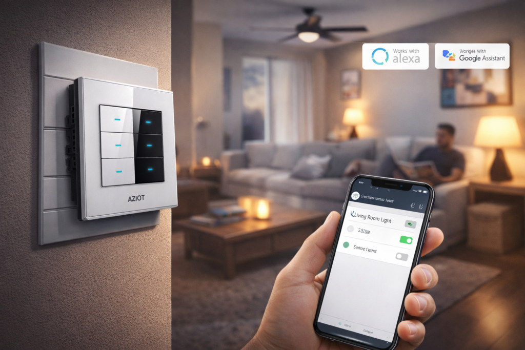 AZIOT Bluetooth Wi-Fi smart switch installed in living room with mobile app control