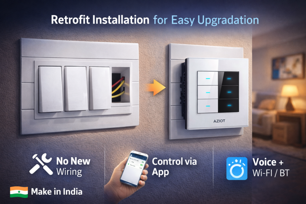 AZIOT Bluetooth Wi-Fi smart switch features showing app control, voice assistant and timers