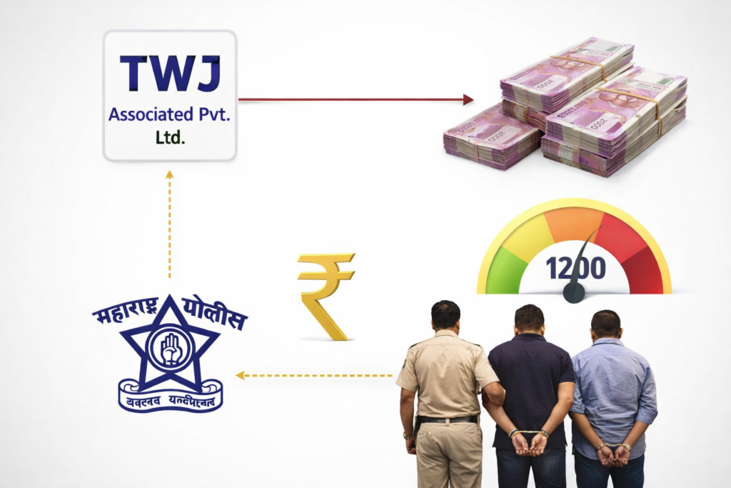 TWJ Associated Pvt. Ltd. आर्थिक फसवणूक प्रकरणात पैशांचा प्रवाह, महाराष्ट्र पोलीस कारवाई आणि आरोपी दर्शवणारी माहितीपर प्रतिमा