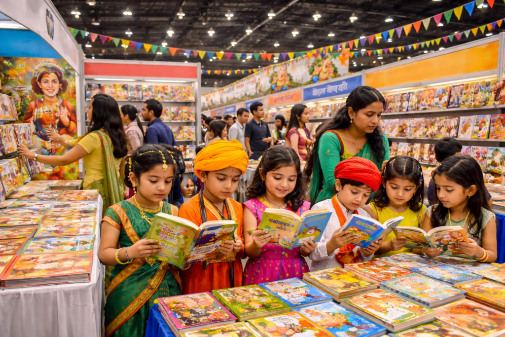 नवी मुंबईतील बाल मराठी संमेलनात मराठी बालपुस्तकांच्या प्रदर्शनात पुस्तके पाहणारी मुले
