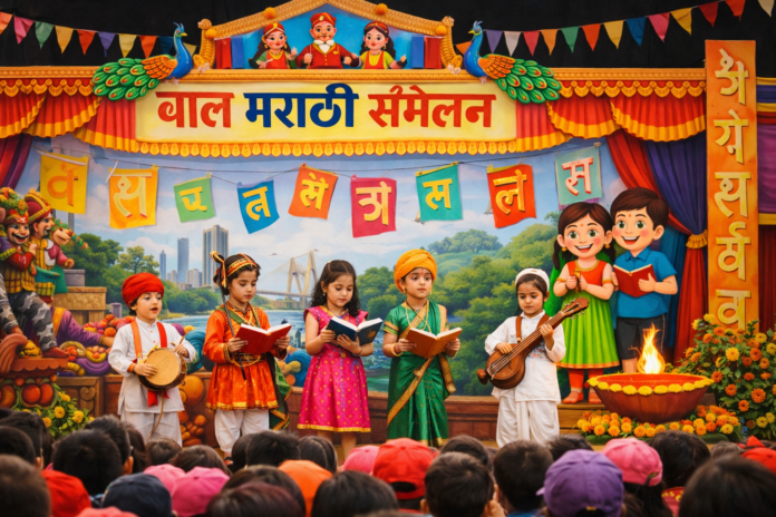 नवी मुंबईतील बाल मराठी संमेलनात पारंपरिक वेशातील मुलांचा सांस्कृतिक कार्यक्रम