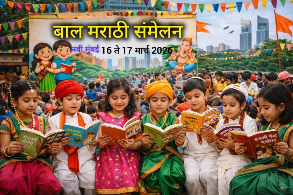 नवी मुंबईतील बाल मराठी संमेलनात पारंपरिक वेशातील मुले मराठी पुस्तके वाचताना
