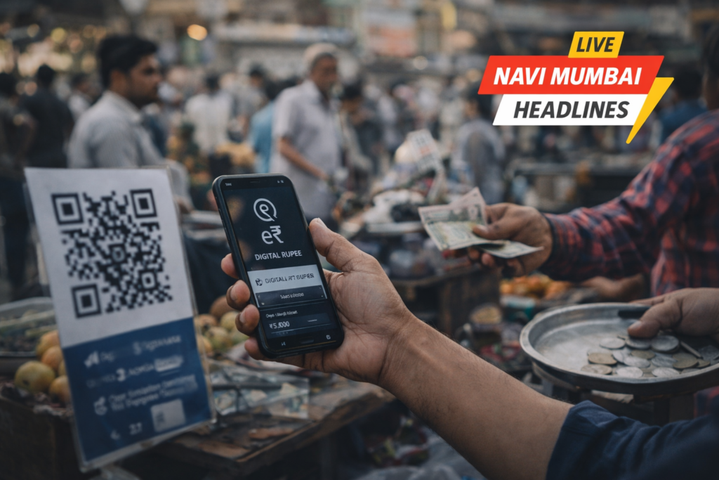 भारतातील बाजारात QR कोडद्वारे डिजिटल रुपया (e₹) वापरून मोबाईल पेमेंट करताना दृश्य