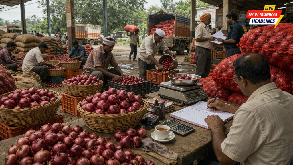 कांदा उत्पादक शेतकरी मदत समिती संदर्भात बाजारात कांद्याची विक्री व मोजणी करताना दृश्य