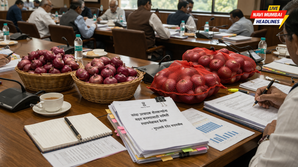 कांदा उत्पादक शेतकरी मदत समिती बैठकीत कांद्याच्या पिशव्या व अधिकाऱ्यांची चर्चा दृश्य