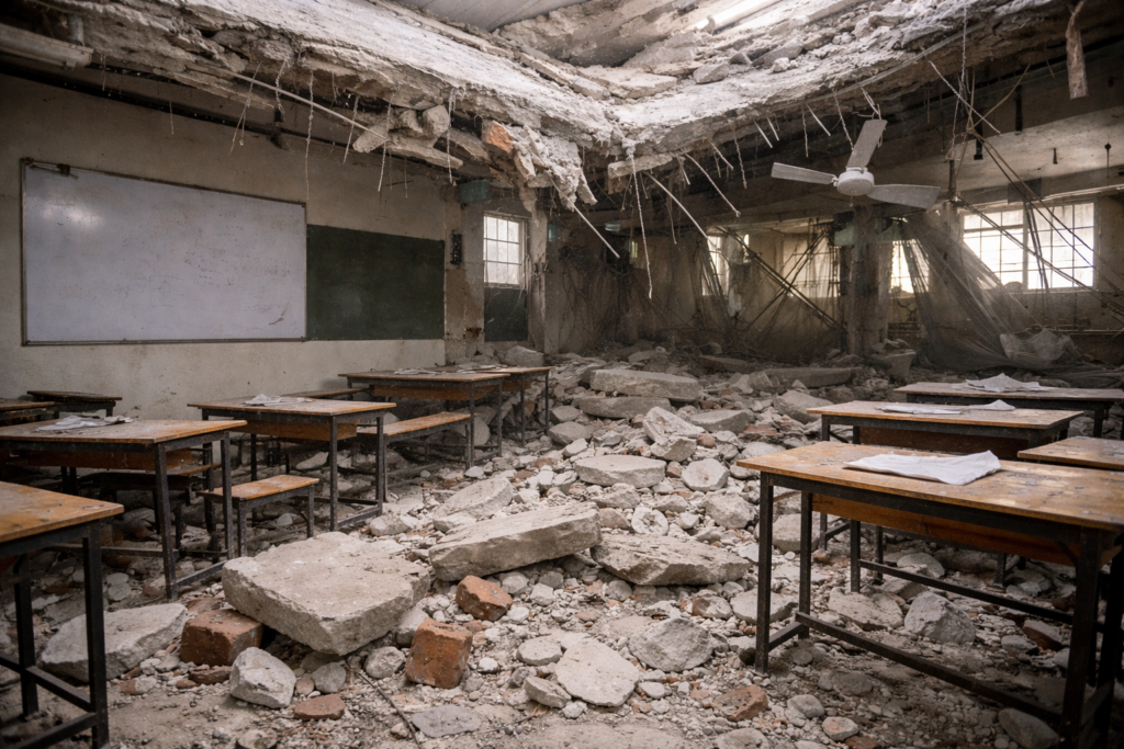 कोपरखैरणे नवी मुंबई येथे शिकवणी वर्गाच्या इमारतीचा स्लॅब कोसळल्याचे दृश्य