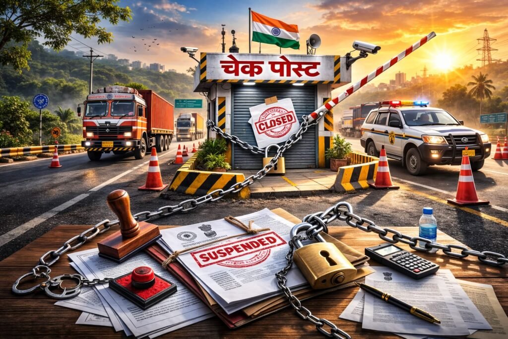 महाराष्ट्रातील राज्य सीमेवरील चेक पोस्ट बंद असल्याचे दर्शवणारा तपासणी नाका