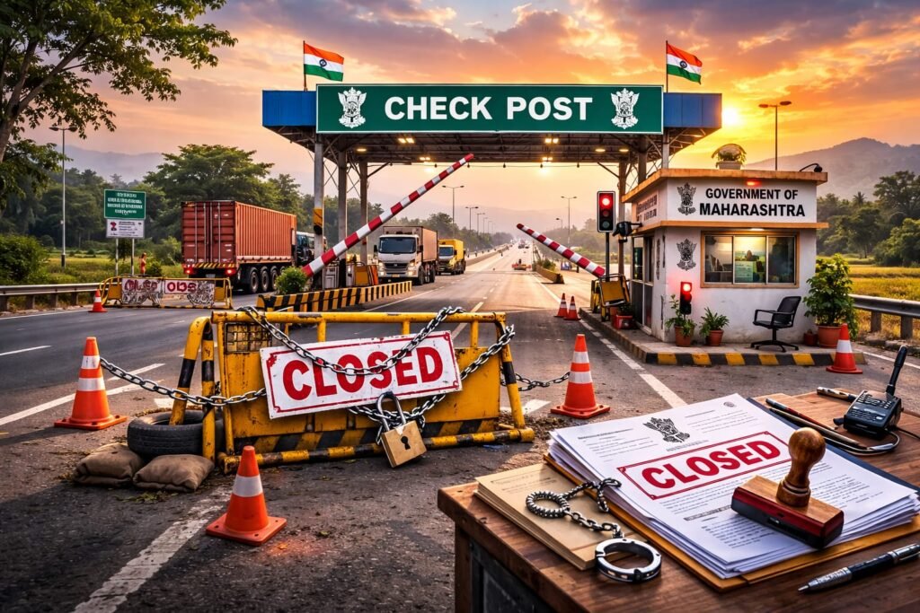 महाराष्ट्रातील राज्य सीमेवरील चेक पोस्ट बंद असल्याचे दर्शवणारा तपासणी नाका