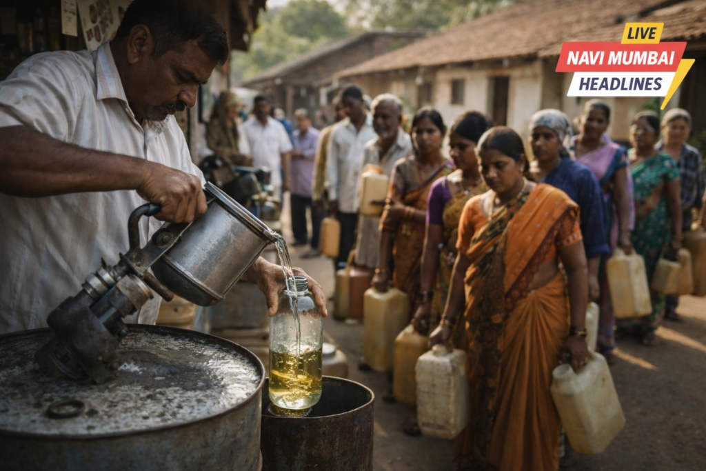 महाराष्ट्रात केरोसीन वितरण करतानाचे दृश्य, ग्रामीण भागातील नागरिक रेशन दुकानात रांगेत उभे