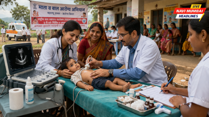 माता व बाल आरोग्य उपक्रम महाराष्ट्र अंतर्गत ग्रामीण आरोग्य शिबिरात बालकाची तपासणी