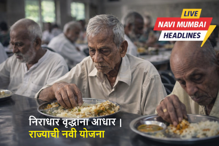 वृद्धाश्रमात जेवण घेत असलेले निराधार ज्येष्ठ नागरिक