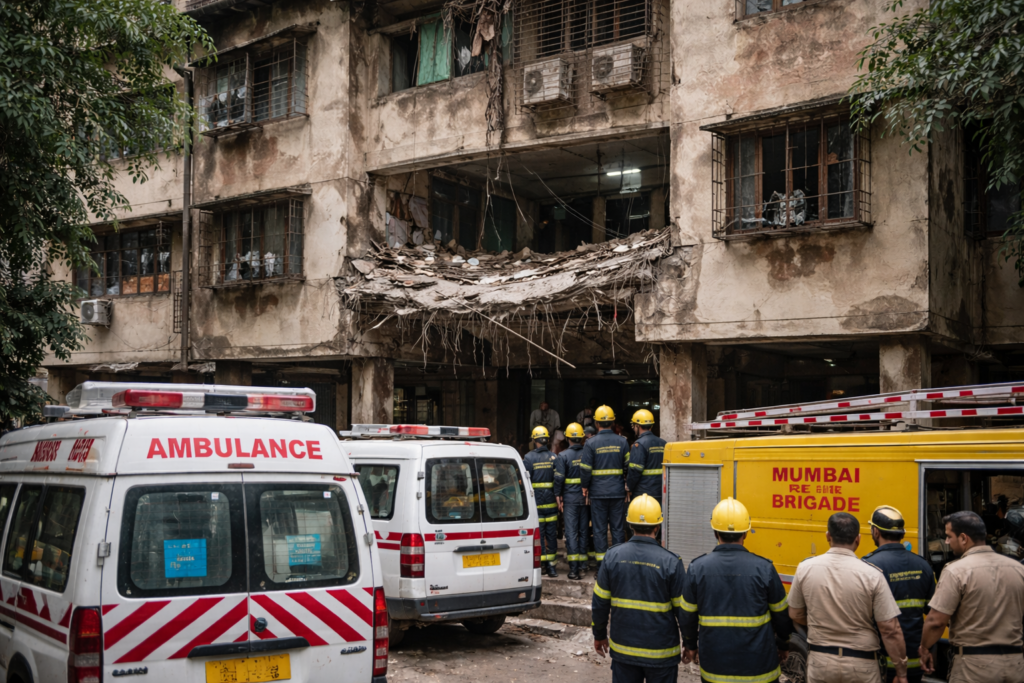कोपरखैरणे नवी मुंबई येथील जुन्या इमारतीचा स्लॅब कोसळल्याचे दृश्य