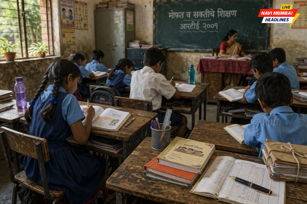 आरटीई विद्यार्थ्यांकडून शुल्क बंदी संदर्भातील वर्गातील विद्यार्थ्यांचा अभ्यास करतानाचा प्रसंग