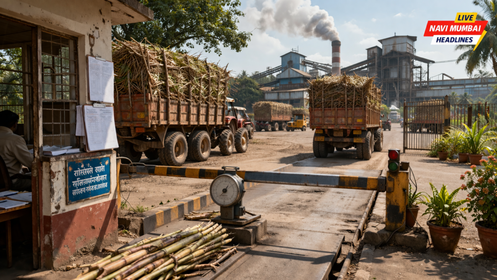 साखर कारखान्यांमध्ये ऊस वाहतूक व वजन मोजणी प्रक्रिया सुरू असलेले दृश्य