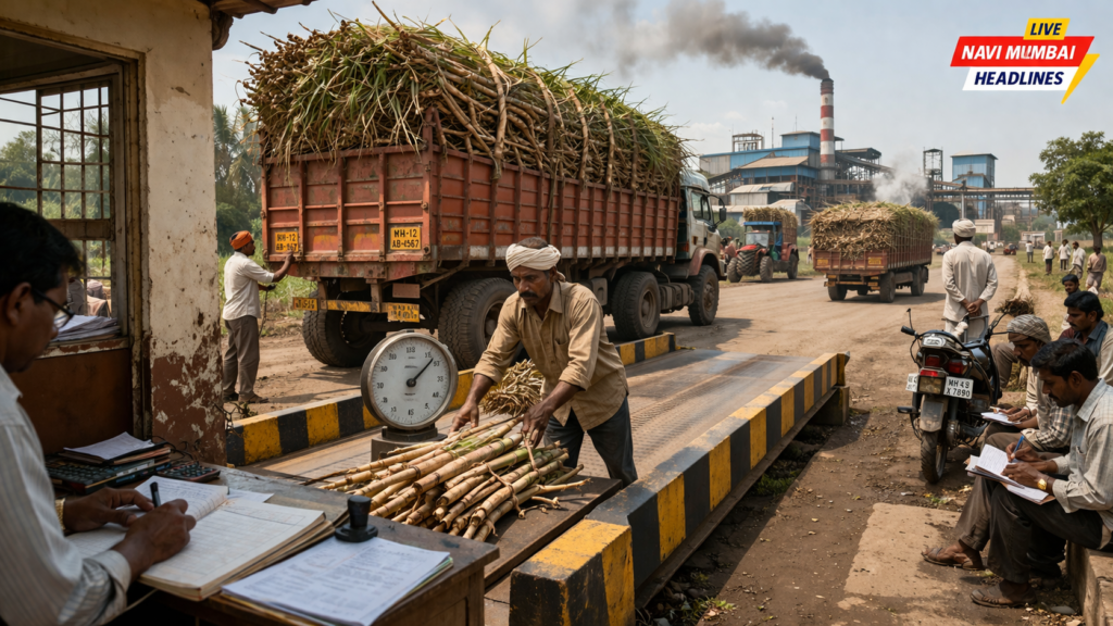 साखर कारखान्यात ऊस वाहतूक आणि वेब्रिजवर वजन मोजणी करताना दिसणारी प्रक्रिया