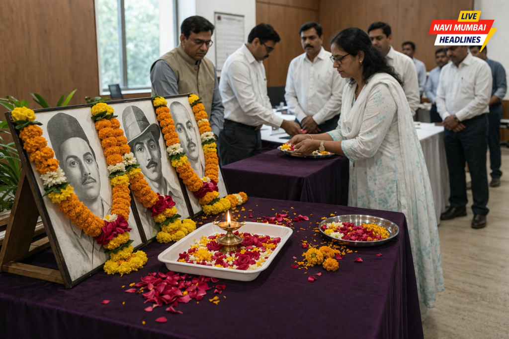 ठाणे जिल्हाधिकारी कार्यालयात शहीद दिनानिमित्त भगतसिंग, राजगुरू आणि सुखदेव यांच्या प्रतिमांसमोर अभिवादन करताना अधिकारी व कर्मचारी