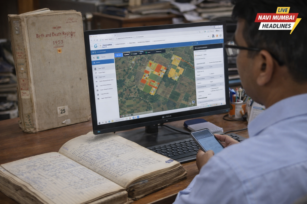 ठाणे जिल्ह्यात जुने जन्म-मृत्यू रजिस्टर आणि डिजिटल जमीन नोंदी संगणकावर तपासताना कर्मचारी