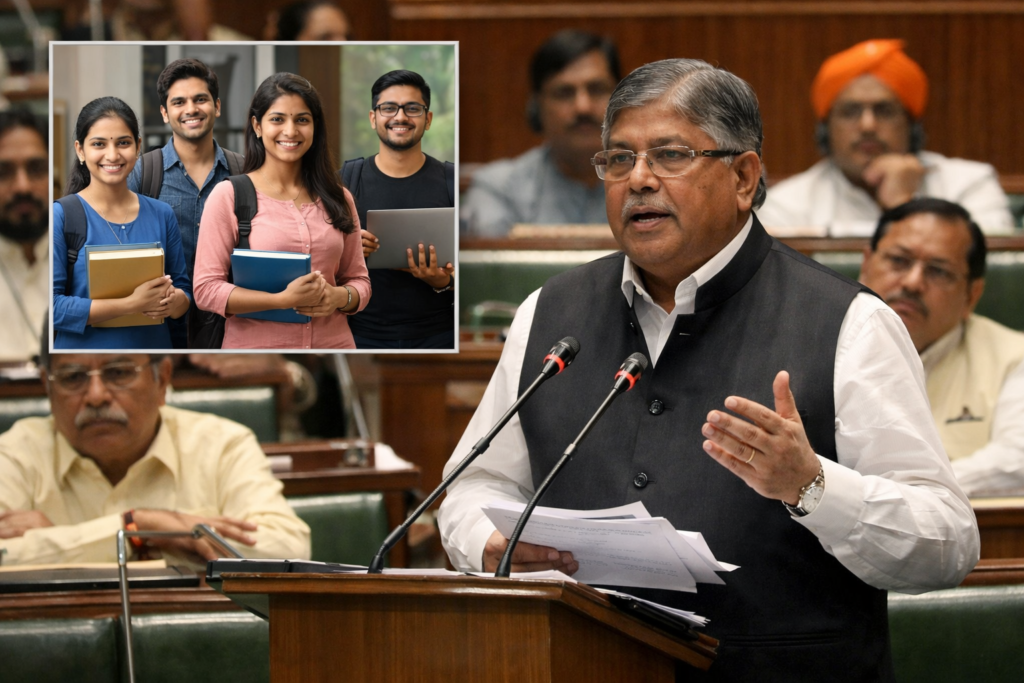 विधानसभेत व्यावसायिक अभ्यासक्रम शुल्क माफीबाबत माहिती देताना मंत्री चंद्रकांत पाटील