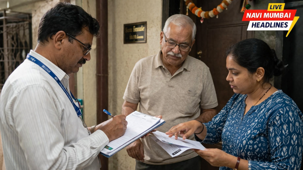 ऐरोलीत बीएलओ अधिकारी सोसायटीमध्ये जाऊन मतदार मॅपिंग मोहिमेदरम्यान नागरिकांची माहिती नोंदवत आहेत