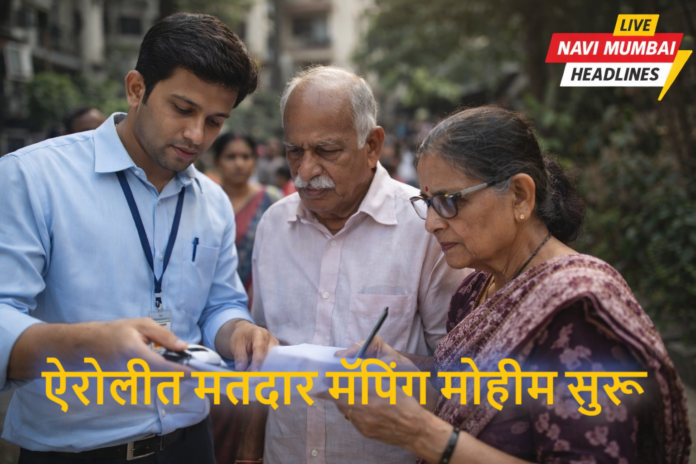 ऐरोली विधानसभा मतदारसंघात मतदार मॅपिंग मोहिमेदरम्यान बीएलओ अधिकारी नागरिकांची माहिती पडताळताना