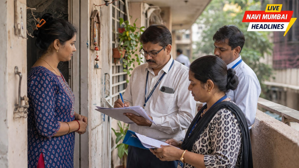 ऐरोलीत घरपोच पडताळणी करताना बीएलओ अधिकारी नागरिकांच्या कागदपत्रांची तपासणी करत आहेत
