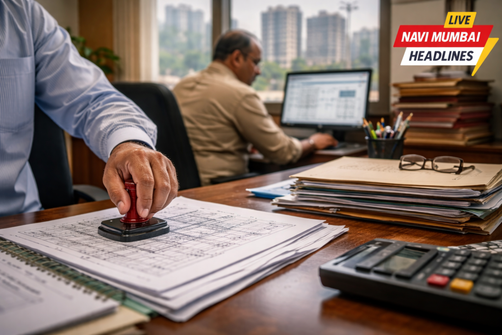 नवी मुंबई महानगरपालिकेच्या कार्यालयात बांधकाम परवानगी कागदपत्रांवर शिक्का मारण्याची प्रक्रिया