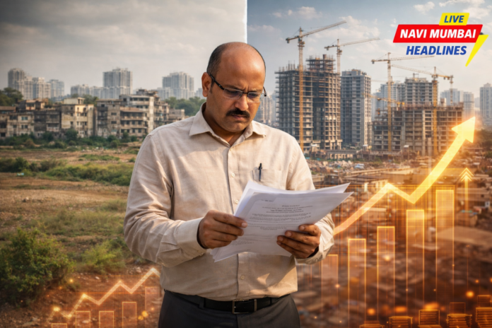 नवी मुंबईतील शहरी विकासातील before-after दृश्य, बांधकाम प्रकल्प आणि महसूल वाढ दर्शवणारा अधिकारी