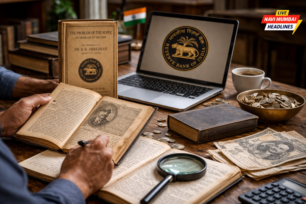 भारतीय चलन, नाणी आणि अर्थशास्त्र विषयक पुस्तके यांसह अभ्यासाचे टेबल दृश्य