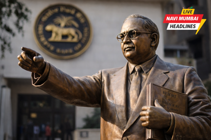 डॉ. बाबासाहेब आंबेडकर यांचा पुतळा आणि पार्श्वभूमीत रिझर्व बँक ऑफ इंडिया इमारत