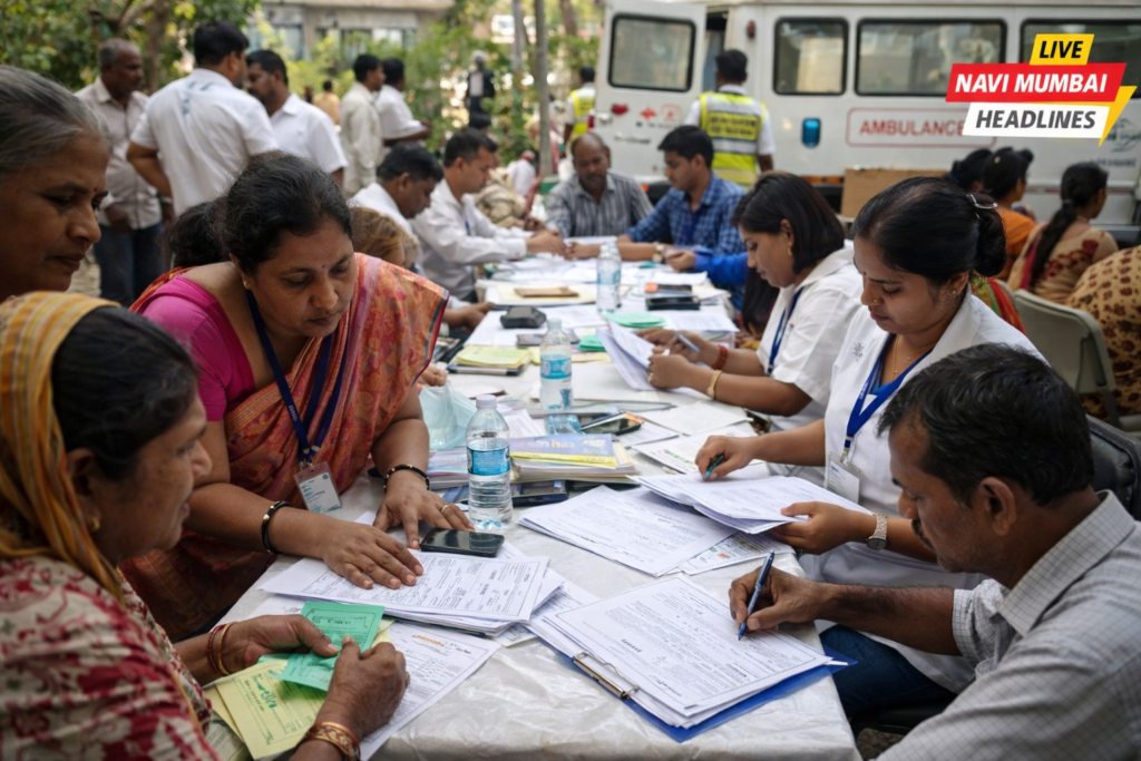 ठाण्यातील वैद्यकीय शिबिरात रुग्ण नोंदणी प्रक्रिया सुरू, सहाय्यता योजनेसाठी अर्ज करताना नागरिक