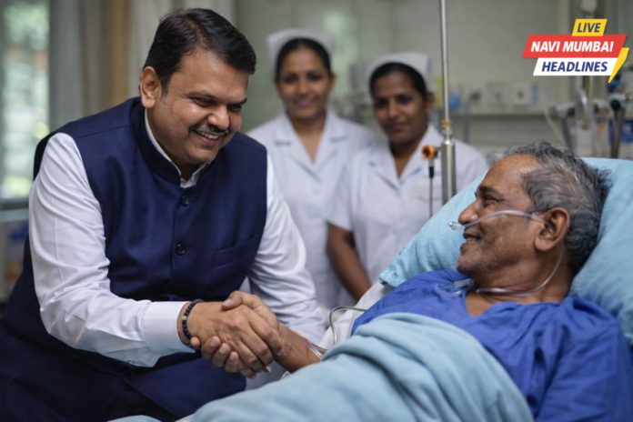 मुख्यमंत्री देवेंद्र फडणवीस रुग्णालयात रुग्णाशी संवाद साधताना, वैद्यकीय मदत योजनेचा लाभ दर्शवणारे दृश्य
