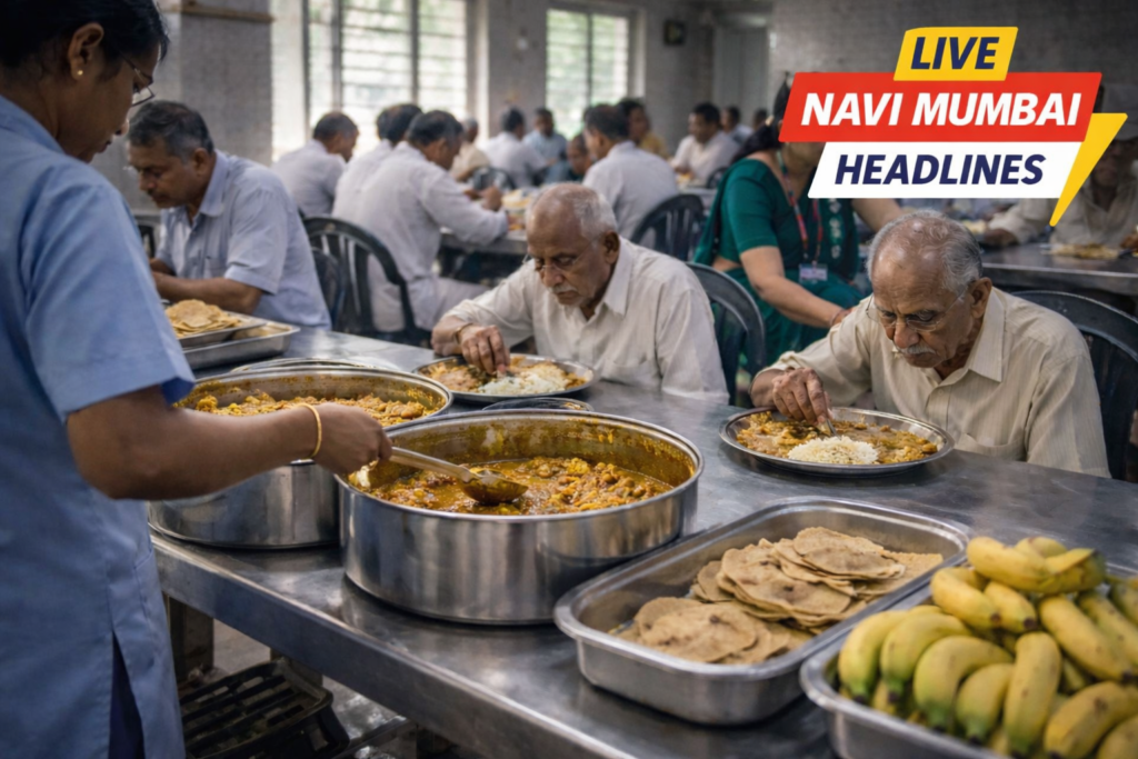 वृद्धाश्रमात ज्येष्ठ नागरिकांना अन्न देताना आणि जेवण करताना दृश्य