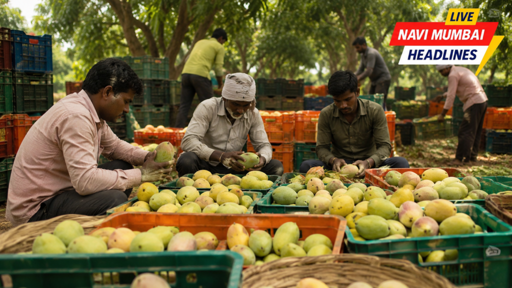 कोकणातील आंबा बागेत कामगार हापूस आंब्यांचे वर्गीकरण आणि पॅकिंग करतानाचे दृश्य