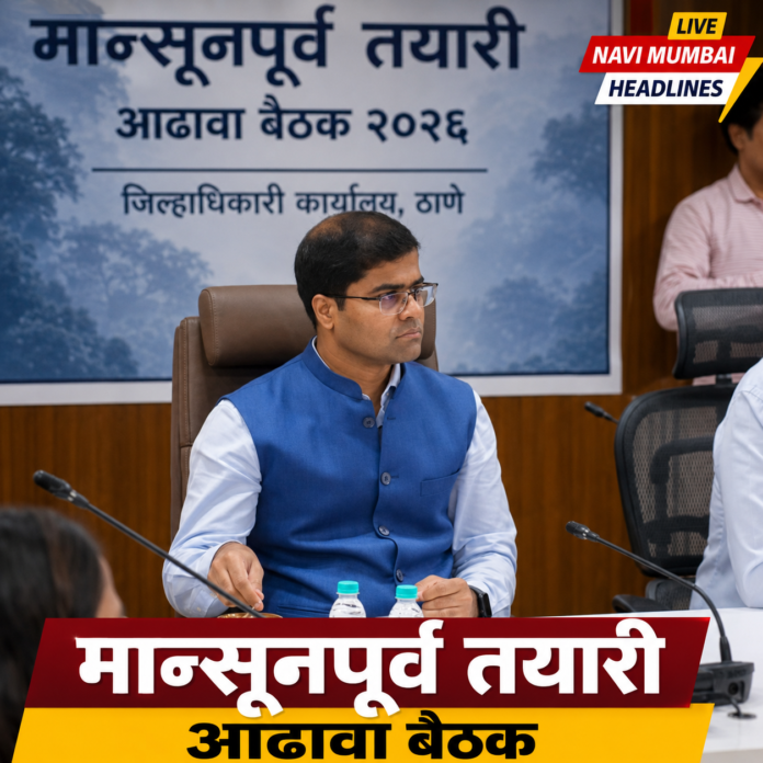 ठाणे जिल्हाधिकारी डॉ. श्रीकृष्ण पांचाळ मान्सूनपूर्व तयारी आढावा बैठकीत अधिकाऱ्यांसोबत चर्चा करताना