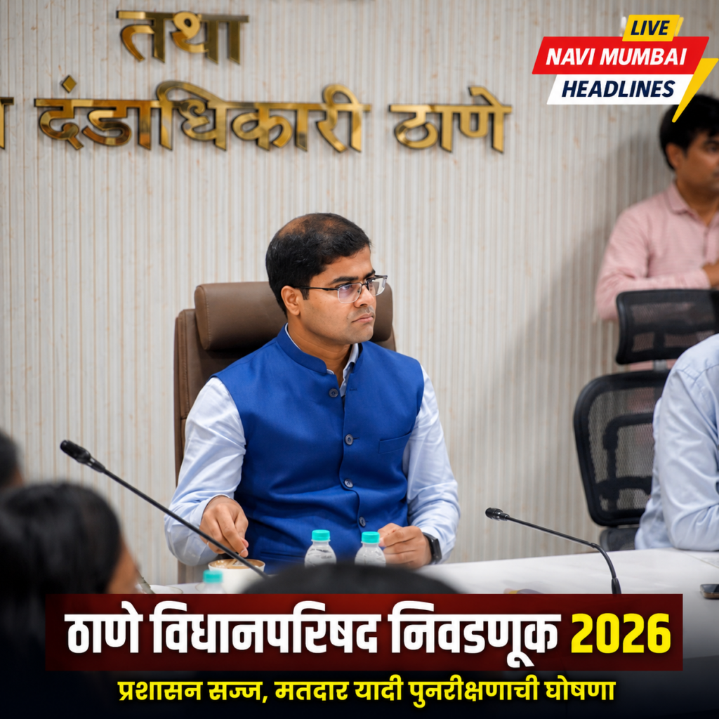 ठाणे जिल्हाधिकारी बैठकीत उपस्थित असताना ठाणे विधानपरिषद निवडणूक 2026 संदर्भातील प्रशासनाच्या तयारीचे न्यूज थंबनेल.