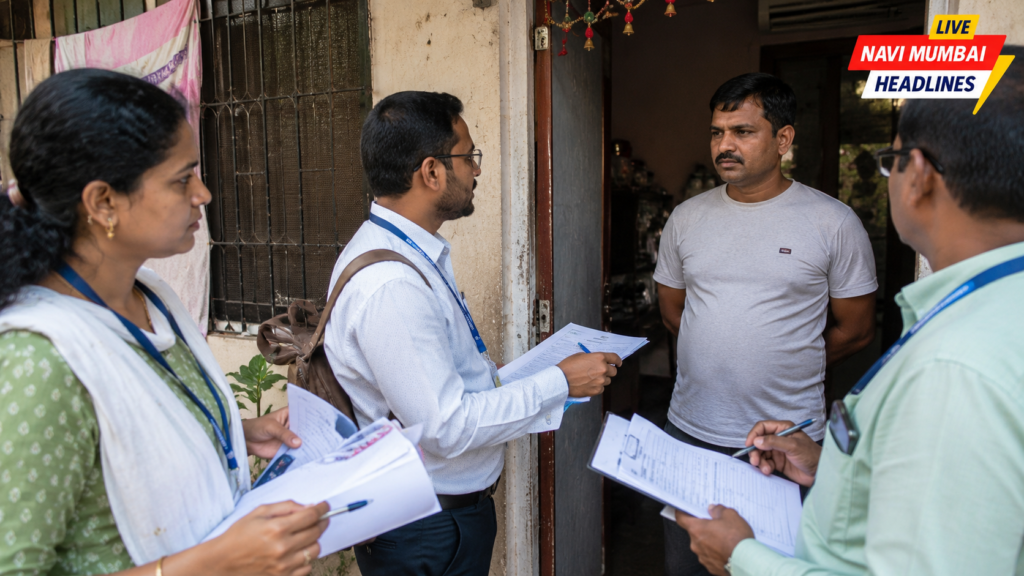 मतदार यादी पुनरीक्षण मोहिमेदरम्यान अधिकारी घरभेट देत नागरिकांची माहिती पडताळताना दिसणारे वास्तवदर्शी न्यूज छायाचित्र.