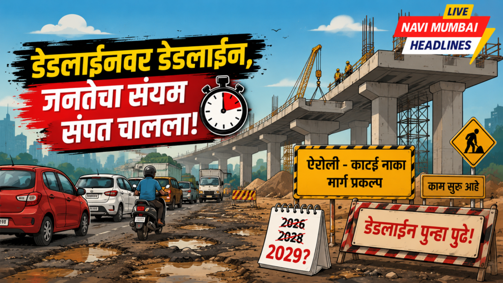 ऐरोली–काटई नाका मार्ग प्रकल्पाच्या सतत वाढणाऱ्या डेडलाईन्सवर आधारित व्यंगचित्र, ज्यामध्ये अपूर्ण उड्डाणपूल, वाहतूक कोंडी आणि 2029 पर्यंत वाढलेली संभाव्य मुदत दर्शवली आहे.