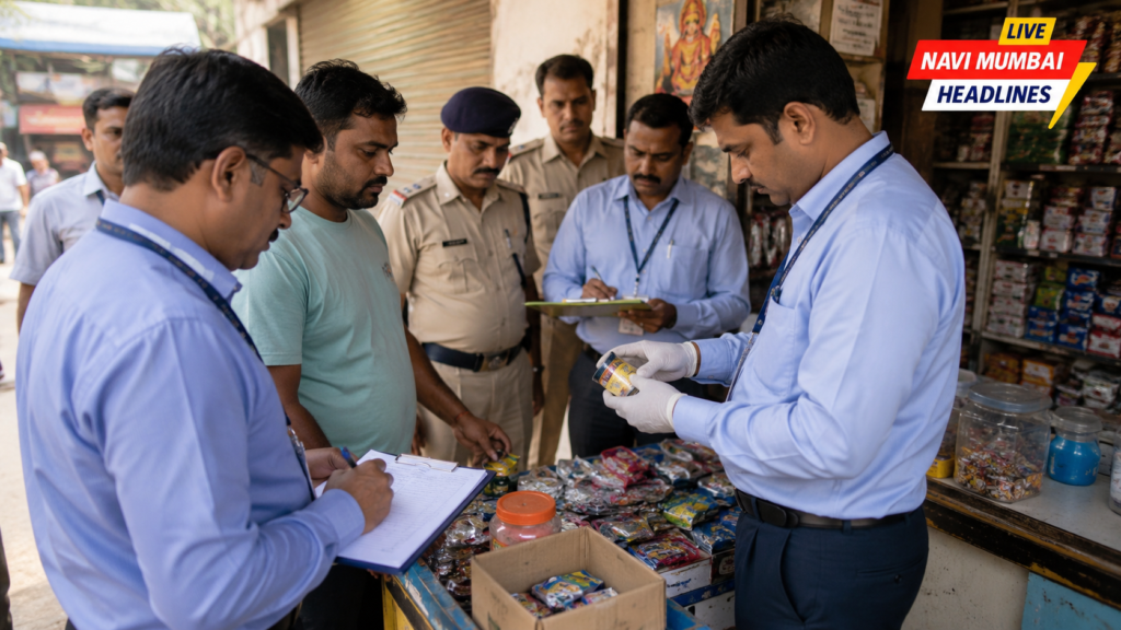 ठाण्यातील एका दुकानावर अन्न व औषध प्रशासन आणि पोलिसांकडून गुटखा व प्रतिबंधित तंबाखूजन्य पदार्थांची तपासणी सुरू असल्याचे दृश्य.