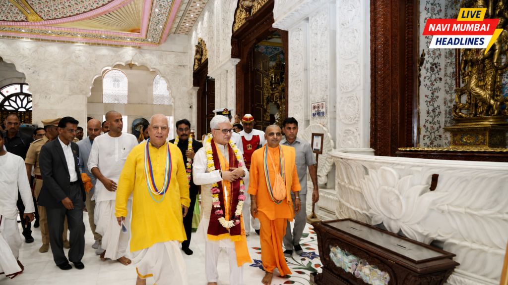 खारघर येथील इस्कॉन मंदिरात ‘होलिस्टिक कॅन्सर हीलिंग रिट्रीट’ कार्यक्रमादरम्यान राज्यपाल जिष्णू देव वर्मा आणि इस्कॉन पदाधिकारी मंदिर परिसराची पाहणी करताना.